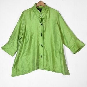 Ali Miles Iridescent Bright Green 3/4 Sleeve Tunic Top Womens 1X Toggle Buttons